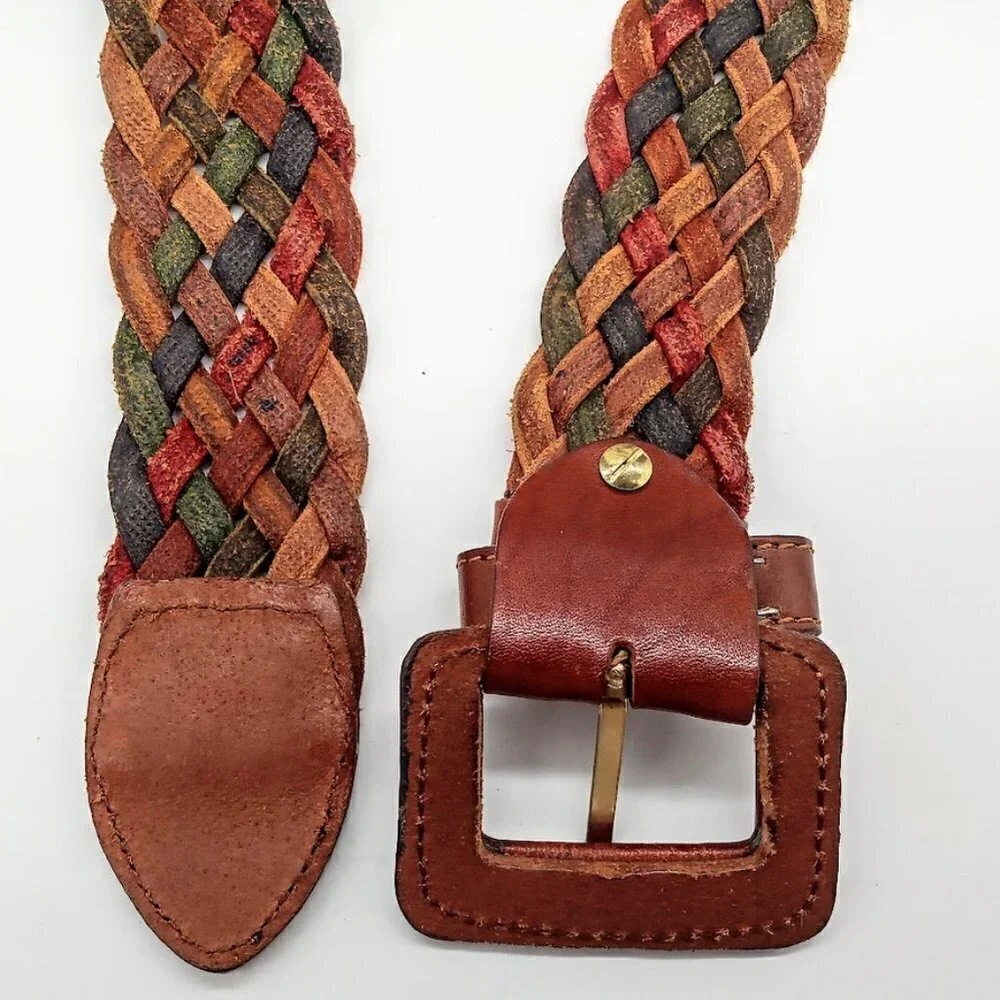 Red Green Brown Braided Leather Belt